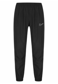 Zwarte sportbroek met een elastische tailleband en taps toelopende boorden. Bevat een wit Nike-logo op de linker bovenbeen. Smooth stof, minimalistisch ontwerp.