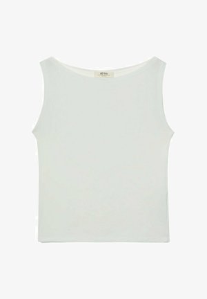 Weißes ärmelloses Oberteil mit runder Ausschnittlinie, aus glattem Stoff gefertigt. Mit entspannter Passform und geradem Saum. Keine sichtbaren Muster oder Akzente.