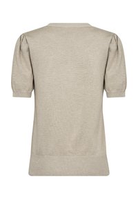 Beige pletený svetr s krátkým rukávem, s kulatým výstřihem, nafouknutými rukávy a žebrovaným lemem. Měkká textura, minimalisticý design.