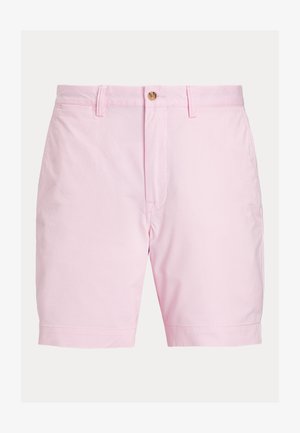 Pantaloni scurți roz din bumbac, cu față plată, închidere cu nasturi și tivuri întoarse. Prezintă o textură netedă și un design clasic.