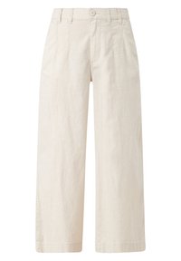 Pantalon beige à jambes larges, coupé court, avec passants de ceinture, fermeture devant par boutons, et détails subtils sur les coutures avant.
