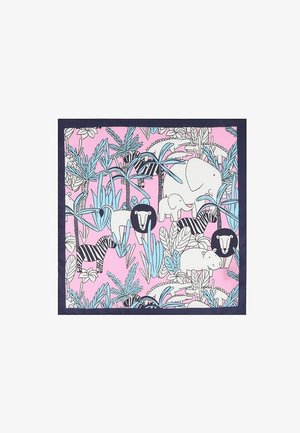 Różany kwadratowy szalik z granatową ramką, zdobiony niebieskimi palmami i białymi zwierzętami safari, w tym słoniami, lwami, zebrą, hipopotamami i krokodylami.