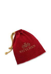 Rode fluwelen trekkoordtas met gouden "Wittchen" logo, met een gestructureerd oppervlak en een gevlochten koord voor sluiting.