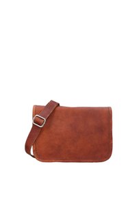 Brun læder crossbody taske med flad design, runde hjørner og synlig syning. Justerbar rem med metalspænde.