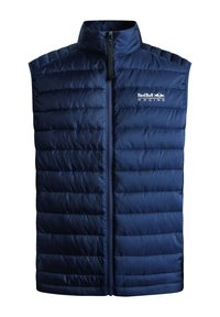 Marineblauwe puffy vest gemaakt van gevoerd materiaal, met een hoge kraag en voorritssluiting. Bevat het "Red Bull Racing" logo op de borst.