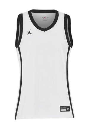 Camiseta de baloncesto blanca sin mangas con ribete negro, un logo negro de Jumpman en el pecho y una etiqueta de talla en la parte inferior derecha.