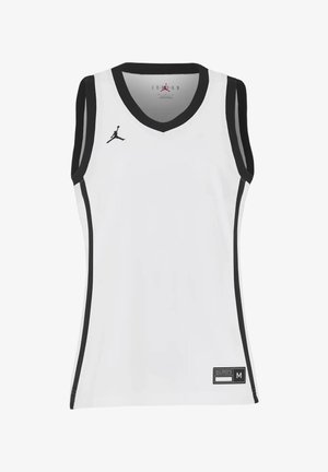 Biała koszulką bez rękawów do koszykówki z czarną lamówką, czarnym logo Jumpman na piersi oraz metką z rozmiarem u dołu po prawej stronie.