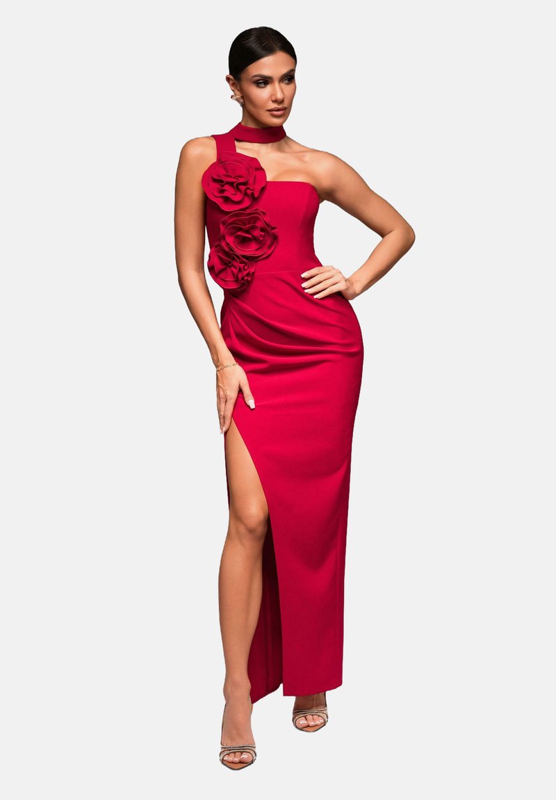Rotes Abendkleid mit einseitigem Design, featuring drei floralen Applikationen, einem hohen Schlitz bis zur Oberschenkel und einer figurbetonten Silhouette. Glattes Material.