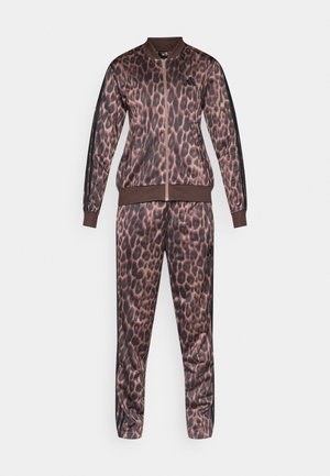 Leopardprint trainingspak met een jas met rits en geribde manchetten, en bijpassende broek, beide in tinten bruin en zwart.