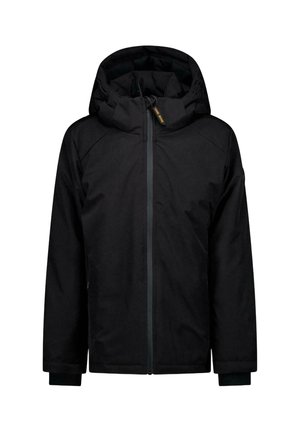 Zwarte winterjas met capuchon, rits aan de voorkant en verstelbare trekkoorden op de capuchon, geschikt voor koud weer.