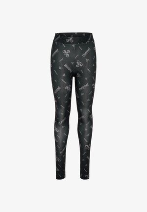 Leggings noirs avec une finition brillante, arborant un motif d logos et de designs en gris clair sur l'ensemble. Tissu doux avec une coupe ajustée.