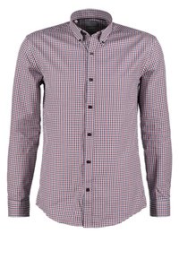 Pánská košile s dlouhým rukávem v kostkovaném vzoru červené, námořnické modré a bílé barvy. Má límec na knoflíky a zapínání na knoflíky vpředu, vyrobená z tkané látky.