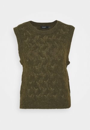 Olivenfarbener ärmelloser Pullover aus weichem Material mit einem strukturierten Muster und offenen Maschen sowie einem runden Ausschnitt.