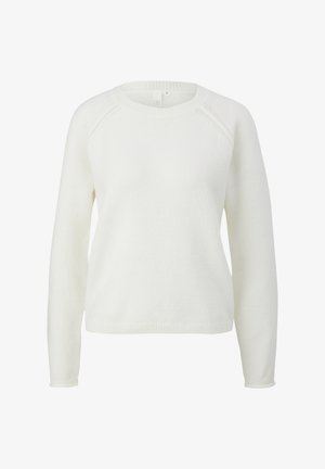 Witte trui van zacht materiaal, met een ronde hals, lange mouwen en geribbelde manchetten en onderrand. Eenvoudig, clean ontwerp.