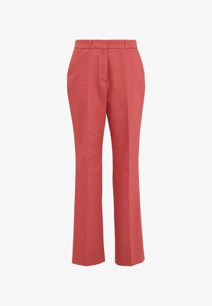 Pantalon rouge droit avec une texture lisse, présentant un devant plat, des passants de ceinture et sans poches visibles.