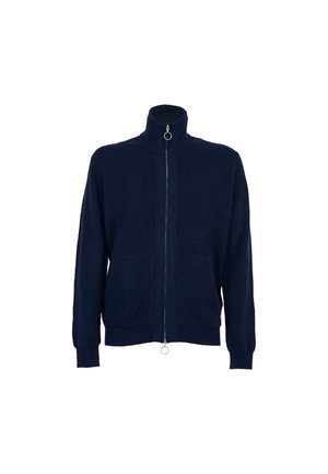 Cardigan in maglia blu navy con colletto alto, chiusura con zip argentata, due tasche frontali e polsini e orlo a coste. Presenta un tessuto testurizzato.