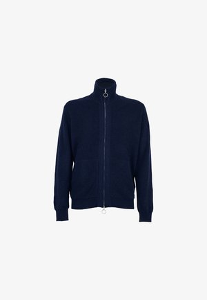 Marine gebreide cardigan met hoge kraag, zilveren ritsluiting, twee voorzakken en geribde manchetten en zoom. Heeft een gestructureerde stof.