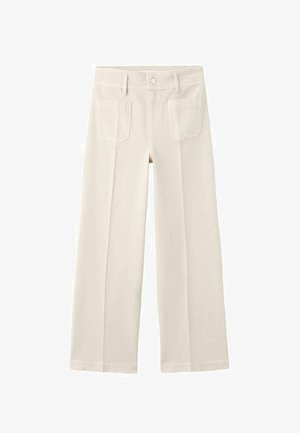 Pantalon à jambes larges en tissu de coton beige clair. Deux poches arrière, fermeture avant par bouton et fermeture éclair, et finition soignée à l'ourlet.