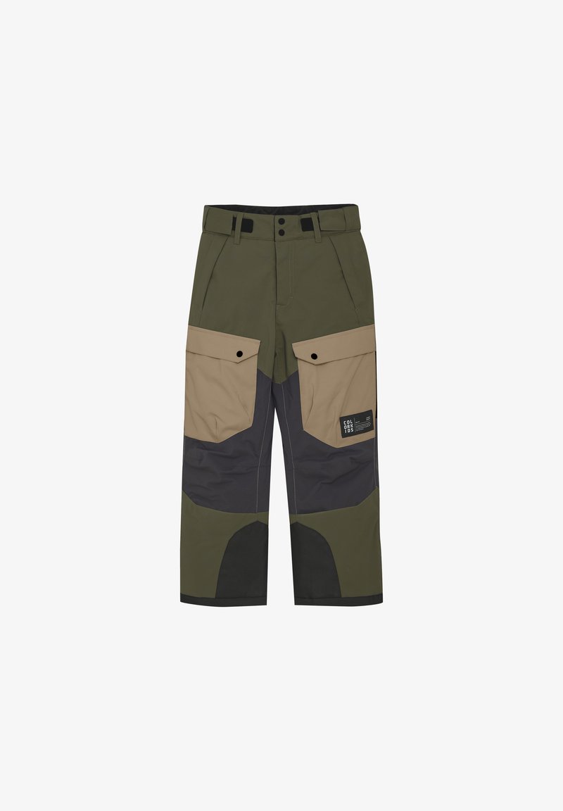 Cargo bukser i grøn, tan og mørk grå, med flere lappelommer, forstærkede knæ og et holdbart, vandafvisende stof.