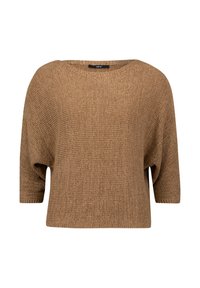 Maglione marrone lavorato a maglia con maniche corte, vestibilità comoda e scollatura ampia. Tessuto strutturato con un motivo uniforme in tutta la superficie.