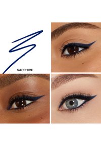 Blauer Eyeliner in einem geschwungenen Stil auf drei verschiedenen Modellen aufgetragen. Der Text "SAPPHIRE" erscheint mit einem blauen grafischen Akzent darüber.