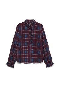 Bordeauxrode en blauwe geruite blouse met lange mouwen, ruches aan de kraag, knoopsluiting aan de voorkant en gerimpelde manchetten.