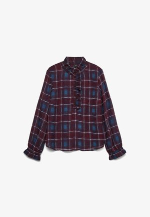 Blusa a maniche lunghe a quadri bordeaux e blu con colletto arricciato, pattina frontale con bottoni e polsini arricciati.