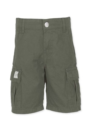 Szorty cargo w oliwkowym kolorze, z wieloma bocznymi kieszeniami, zapięciem na guzik oraz mocnym bawełnianym materiałem o gładkiej teksturze.