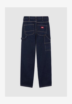 Mørkeblå denim cargobukser med flere lommer, forstærkede sømme og et lille logopatch nær taljen. Skræddersyet, lige snit.