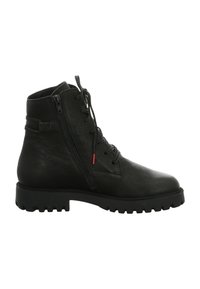 Schwarze Leder-Schnürstiefelette mit seitlichem Reißverschluss und robustem Sohlen, mit einem kleinen roten Detail am Schnürenende.
