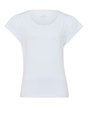 Biała koszulka z krótkim rękawem uszyta z gładkiego materiału. Okrągły dekolt i delikatnie bufiaste rękawy, prosty krój, bez wzorów ani akcentów.