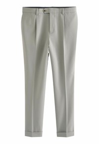 Lichtgrijze op maat gemaakte broek met een vlakke voorkant, twee plooien en manchet-rokken. Gemaakt van een gladde stof met een subtiele glans. Voorzien van een knoopsluiting.