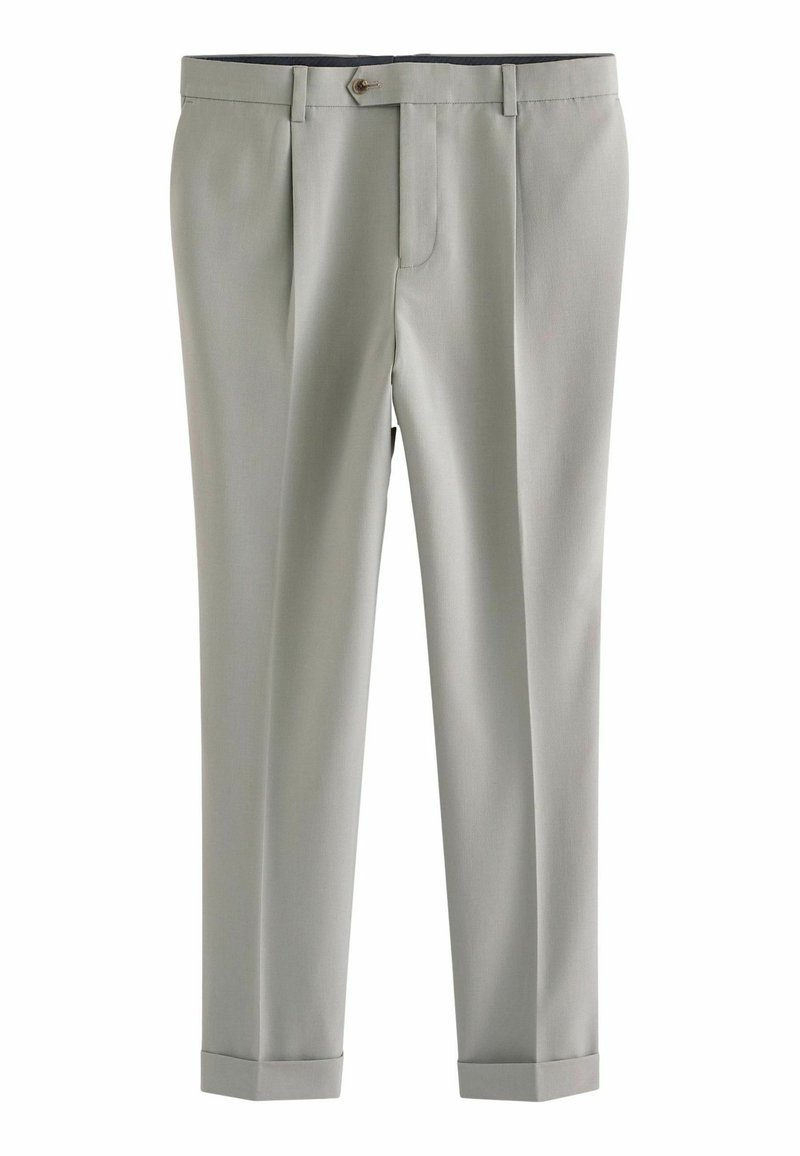 Lichtgrijze op maat gemaakte broek met een vlakke voorkant, twee plooien en manchet-rokken. Gemaakt van een gladde stof met een subtiele glans. Voorzien van een knoopsluiting.