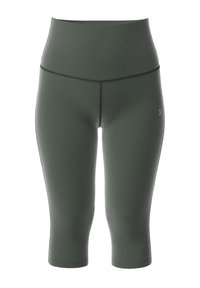 Hochgeschnittene, olivgrüne Capri-Leggings aus dehnbarem, glattem Stoff mit flachen Nähten und kleinem Logo auf der linken Seite.