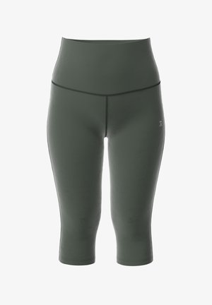 Hoog zilveren, olijfgroene capri leggings van rekbare, gladde stof met platte naden en een klein logo aan de linkerkant.