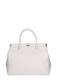Borsa a mano bianca in pelle con manici arrotondati, forma strutturata, superficie texture e una chiusura in metallo dorato. Nessun motivo o dettaglio visibile.