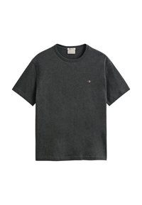 Dunkelgraues T-Shirt mit kurzen Ärmeln und Rundhalsausschnitt, mit kleinem besticktem Schildlogo auf der linken Brust und GANT-Label innen im Kragen.