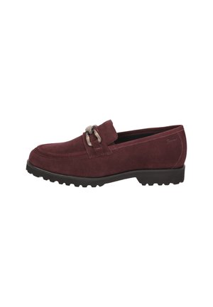 Dark red suede loafer with black rubber lug sole and metal buckle detail on the upper side.