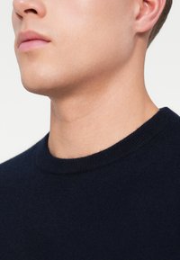 Prim-plan al liniei maxilarului, buzelor și gâtului unui bărbat care poartă un pulover închis la culoare, de tip crewneck, pe un fundal alb.