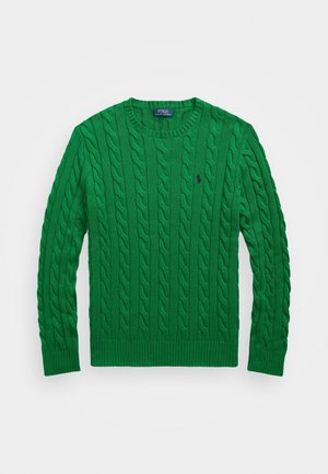 Zielony sweter o splocie warkoczowym, z okrągłym dekoltem i długimi rękawami, z wyhaftowanym logo Polo Ralph Lauren na piersi.