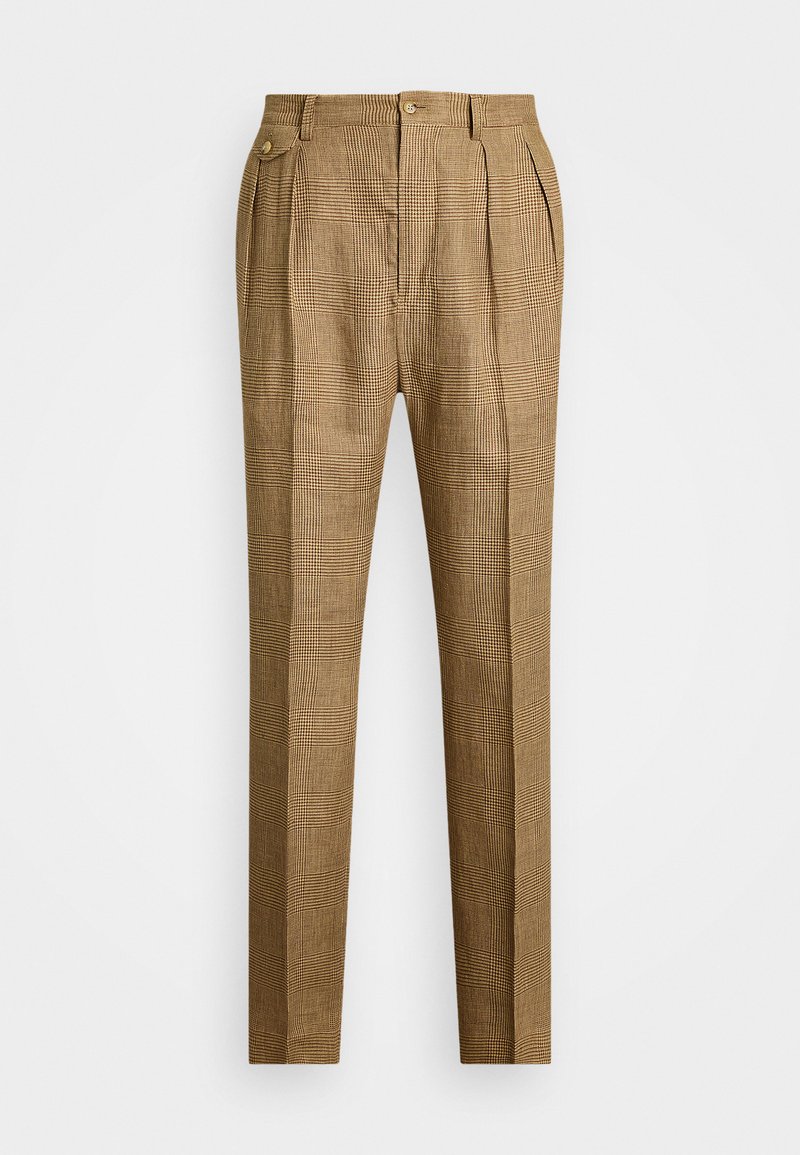 Pantalons à carreaux marron avec une coupe structurée, dotés d'un devant plissé, de deux poches latérales et d'une fermeture à bouton. Texture lisse avec un design ajusté.
