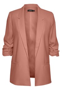 Růžový blazer z měkké tkaniny, se strukturovanými klopami a nařasenými rukávy. Obsahuje dvě přední kapsy a design s otevřeným předním dílem.