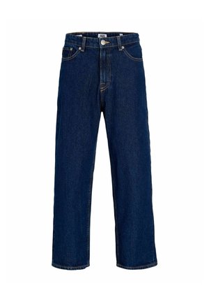 Mørkeblå straight-leg jeans med forlommer, bæltestropper og synlig knaplukning på hvid baggrund.