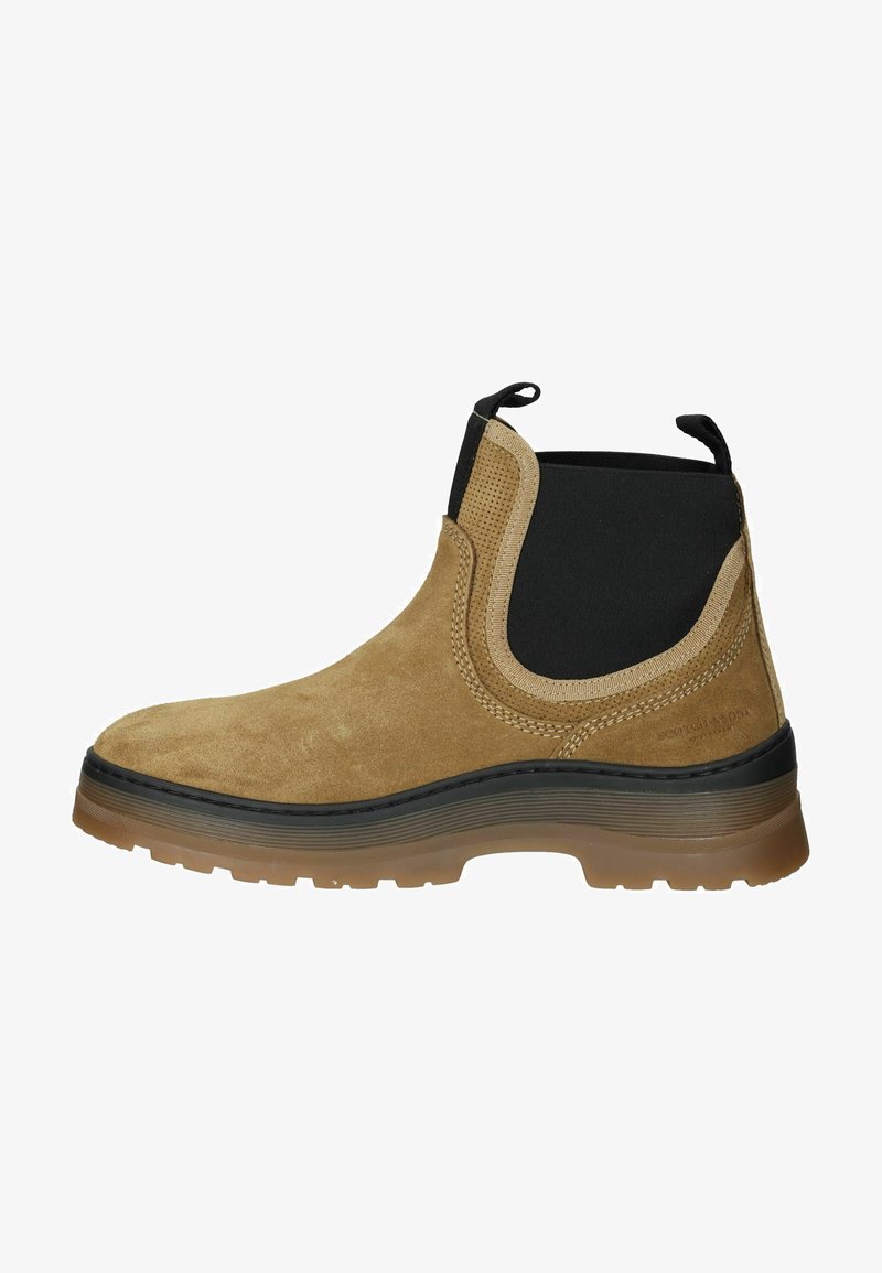 Hellbraune Wildleder Chelsea-Boots mit schwarzen elastischen Seiteneinsätzen, Gummisohle und Zuglasche; zeichnet sich durch eine glatte Textur und eine abgerundete Zehenform aus.