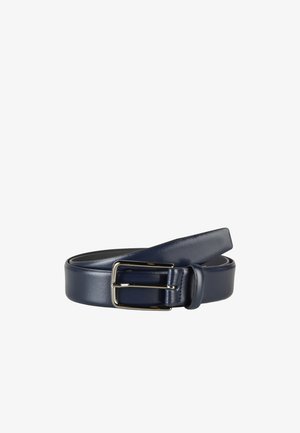 Navy blue leather belt with silver rectangular buckle, coiled against a white background.