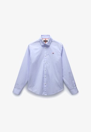 Light blue long-sleeve shirt with a button-down collar, white buttons, and a small embroidered logo near the chest. Smooth fabric texture.
