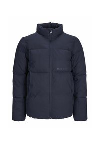 Dunkelblaue Steppjacke mit hochgeschlossenem Kragen, Reißverschluss und gestepptem Design, das horizontale Bahnen zur Isolierung aufweist.