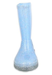 Botte de pluie bleue en caoutchouc brillant. Elle présente un tige droite et une semelle texturée. Accents scintillants sur toute la surface.