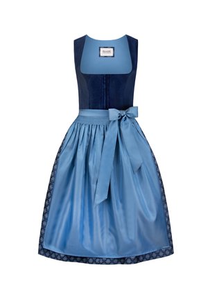 Blue dirndl dress with a fitted bodice in dark blue velvet, full satin skirt with patterned hem, and matching sash tied at the waist.