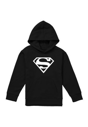 Schwarzer Kapuzenpullover mit weißem Superman-Logo auf der Brust und einer Fronttasche.